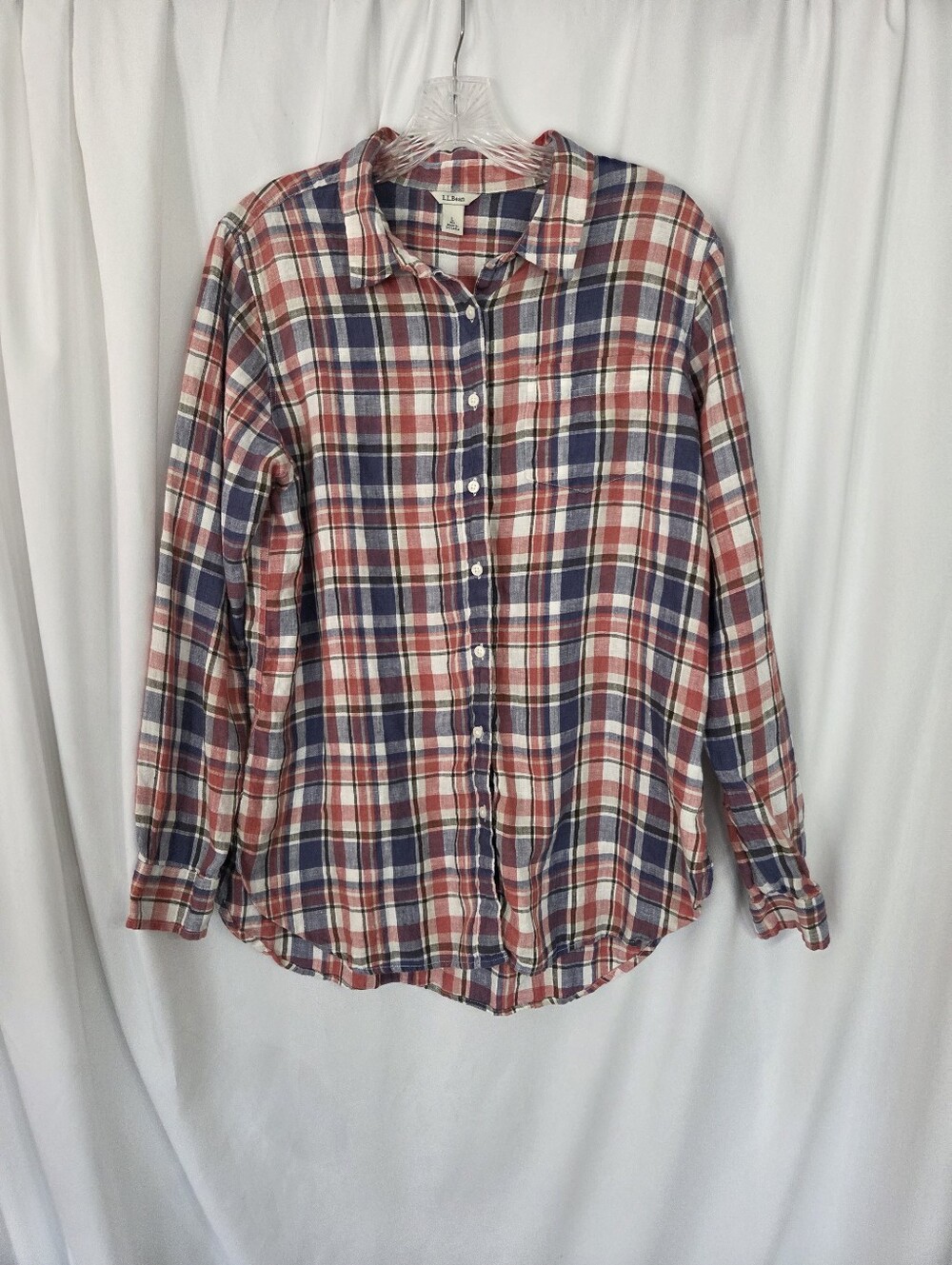 L.L. Bean Red, Blue & White Plaid Button-Down Linen Shirt Size L